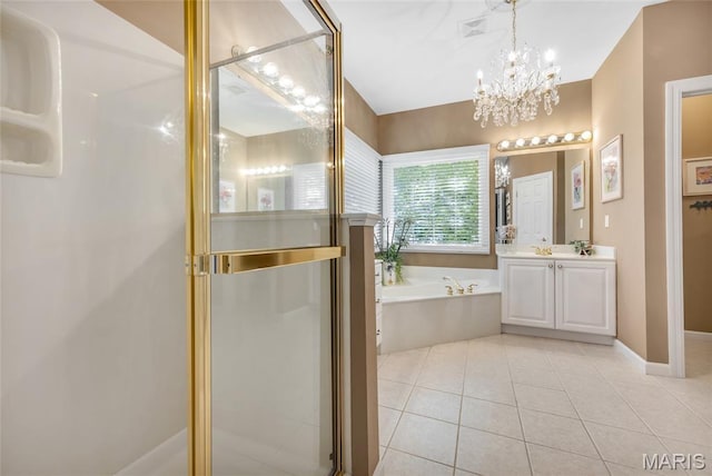 112 Wake Forest Pl, Ofallon, MO 63368 - bathroom with vanity, tile patterned floors, a chandelier, a stall shower, and a bath