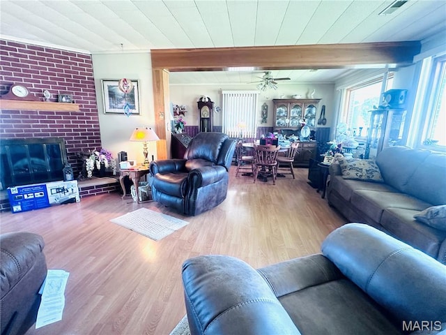 1620 N Jefferson St, Mexico, MO 65265 - living area featuring wood finished floors, ceiling fan, and a wood ceiling with exposed beams