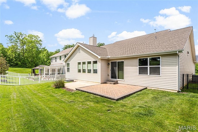 524 Pleasant Breeze Dr, Wentzville, MO 63385 - rear view of property with a chimney, a sunroom, a fenced backyard, a patio, and a shingled roof