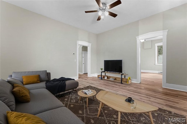 306 Walnut St, Waterloo, IL 62298 - living area with a ceiling fan and wood finished floors