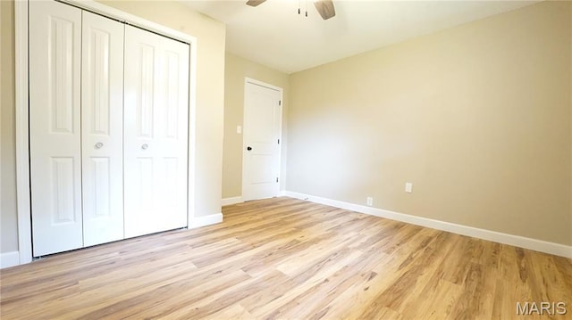 850 Cambridge Dr, Sikeston, MO 63801 - unfurnished bedroom featuring a closet, light wood-type flooring, and ceiling fan