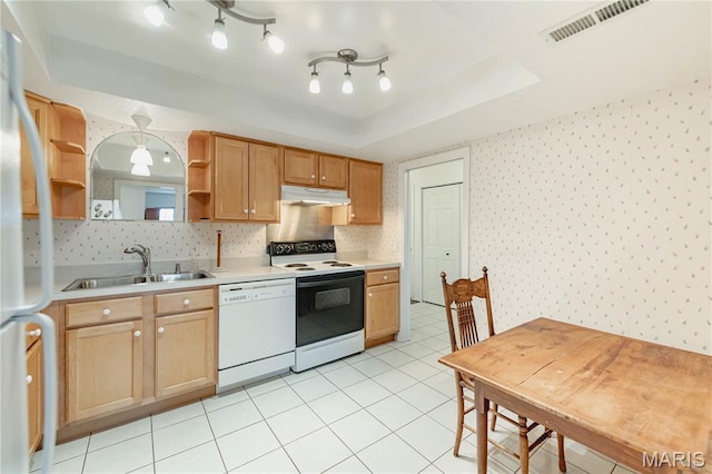 917 Claytonbrook Dr Unit 3, Ballwin, MO 63011 - kitchen with white appliances, under cabinet range hood, open shelves, wallpapered walls, and light countertops
