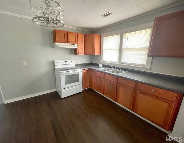 1309 E E Oak St, Dexter, MO 63841 - kitchen featuring electric stove, under cabinet range hood, dark wood finished floors, dark countertops, and ornamental molding