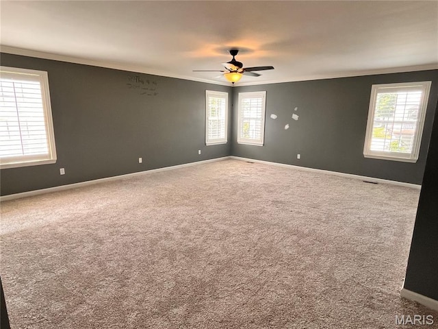 114 Cloverleaf Meadows Ct, Ofallon, MO 63366 - carpeted spare room with crown molding, plenty of natural light, and ceiling fan