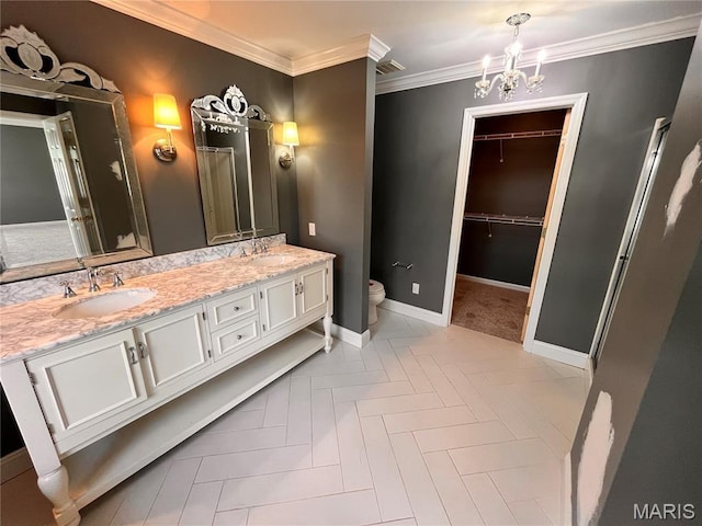 114 Cloverleaf Meadows Ct, Ofallon, MO 63366 - full bath with double vanity, a chandelier, ornamental molding, and a spacious closet
