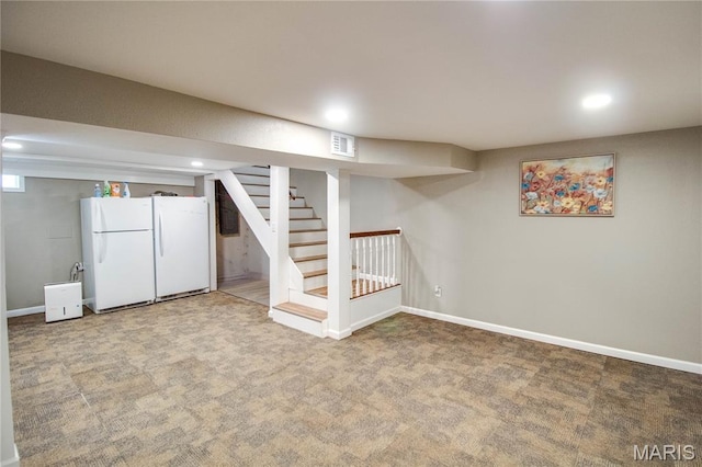 109 Hawbrook Pl, Jerseyville, IL 62052 - finished basement with freestanding refrigerator, carpet, recessed lighting, and stairs