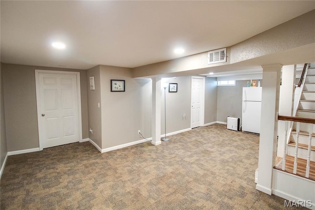 109 Hawbrook Pl, Jerseyville, IL 62052 - basement with freestanding refrigerator, stairs, recessed lighting, and carpet floors