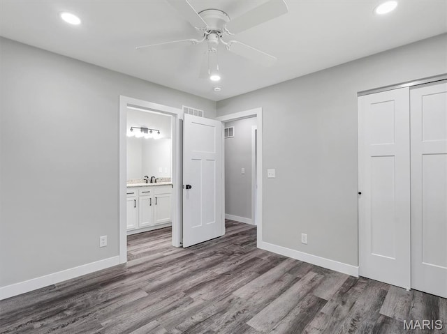 1505 Cypress Dr, Pacific, MO 63069 - unfurnished bedroom with recessed lighting, a closet, wood finished floors, ensuite bath, and a ceiling fan