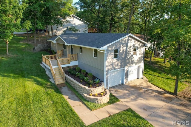 525 Oak Hill Dr, Lake St Louis, MO 63367 - ranch-style house featuring driveway, an attached garage, a front lawn, and stairway