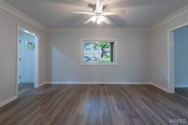 525 Oak Hill Dr, Lake St Louis, MO 63367 - empty room featuring healthy amount of natural light, dark wood-style flooring, crown molding, and a ceiling fan