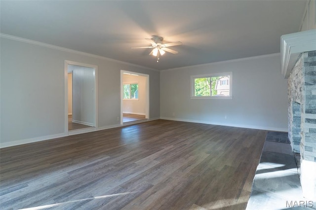 525 Oak Hill Dr, Lake St Louis, MO 63367 - empty room featuring ceiling fan, dark wood-type flooring, and crown molding