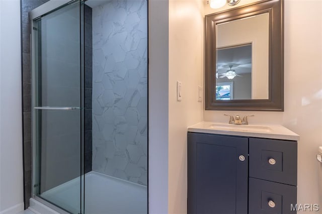 525 Oak Hill Dr, Lake St Louis, MO 63367 - full bathroom featuring a stall shower, vanity, and a ceiling fan