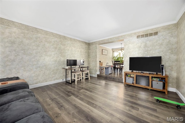 105 Royallmanor Ln, Ofallon, MO 63368 - living room with crown molding, wood finished floors, and a chandelier