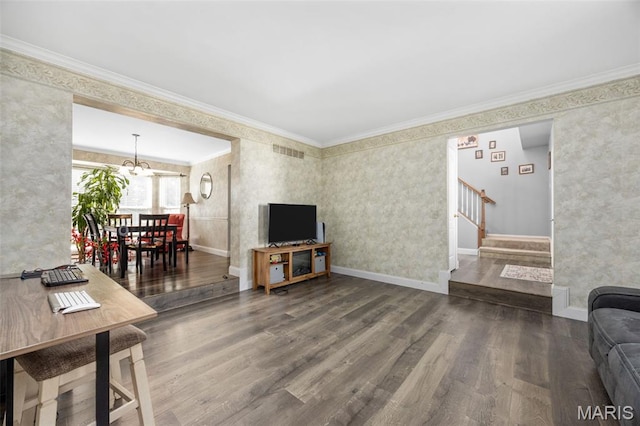 105 Royallmanor Ln, Ofallon, MO 63368 - living room featuring a chandelier, wood finished floors, stairway, and ornamental molding