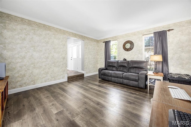 105 Royallmanor Ln, Ofallon, MO 63368 - living room with wallpapered walls, ornamental molding, and wood finished floors