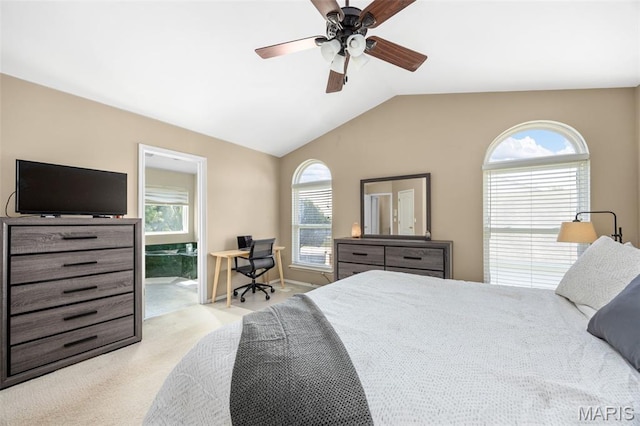 105 Royallmanor Ln, Ofallon, MO 63368 - carpeted bedroom featuring lofted ceiling, ceiling fan, and connected bathroom