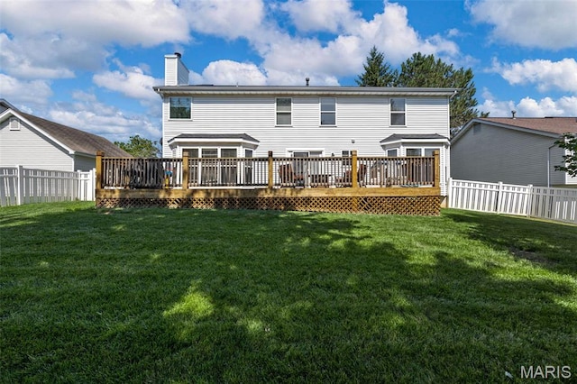 105 Royallmanor Ln, Ofallon, MO 63368 - back of house with a fenced backyard, a deck, and a chimney