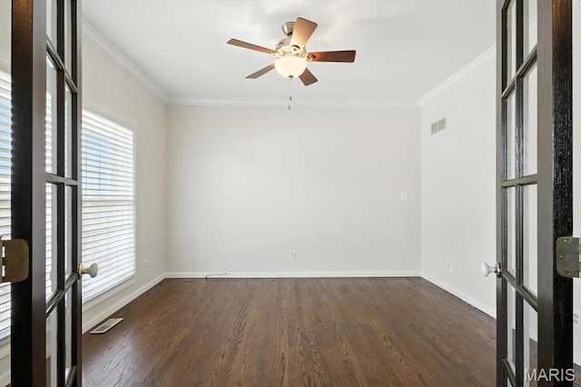512 Overlook Terrace Ct, Eureka, MO 63025 - empty room with healthy amount of natural light, ornamental molding, wood finished floors, a ceiling fan, and french doors