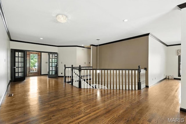 512 Overlook Terrace Ct, Eureka, MO 63025 - empty room with ornamental molding, wood finished floors, recessed lighting, and french doors