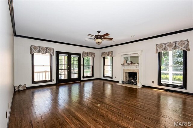 512 Overlook Terrace Ct, Eureka, MO 63025 - unfurnished living room with ornamental molding, wood finished floors, a premium fireplace, a ceiling fan, and french doors
