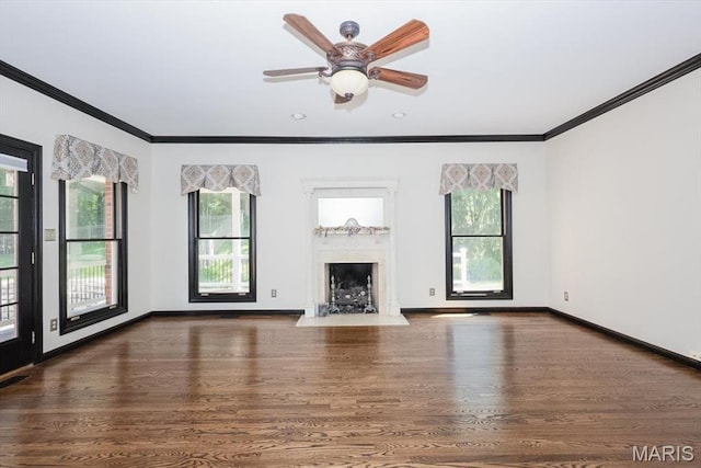 512 Overlook Terrace Ct, Eureka, MO 63025 - unfurnished living room featuring wood finished floors, ornamental molding, a premium fireplace, and ceiling fan