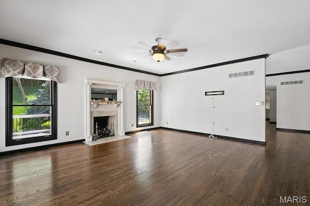 512 Overlook Terrace Ct, Eureka, MO 63025 - unfurnished living room featuring ornamental molding, wood finished floors, ceiling fan, and a high end fireplace