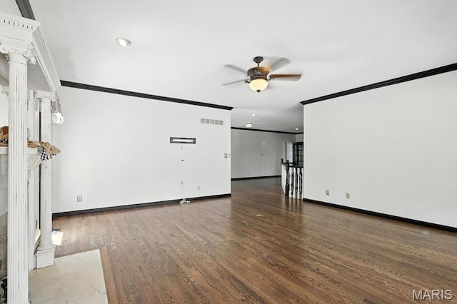 512 Overlook Terrace Ct, Eureka, MO 63025 - unfurnished room with ornate columns, ornamental molding, ceiling fan, wood finished floors, and recessed lighting
