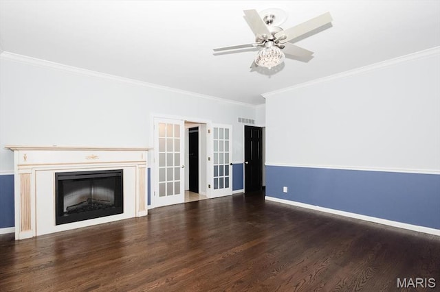 512 Overlook Terrace Ct, Eureka, MO 63025 - unfurnished living room with french doors, wood finished floors, crown molding, ceiling fan, and a glass covered fireplace
