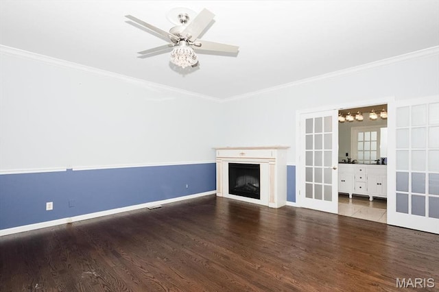512 Overlook Terrace Ct, Eureka, MO 63025 - unfurnished living room featuring crown molding, a fireplace, wood finished floors, and ceiling fan