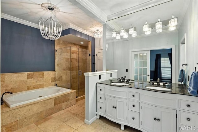 512 Overlook Terrace Ct, Eureka, MO 63025 - full bathroom with a stall shower, crown molding, a tub with jets, double vanity, and a chandelier