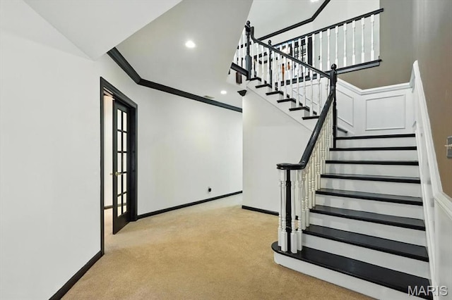 512 Overlook Terrace Ct, Eureka, MO 63025 - stairs with carpet, ornamental molding, recessed lighting, and a towering ceiling