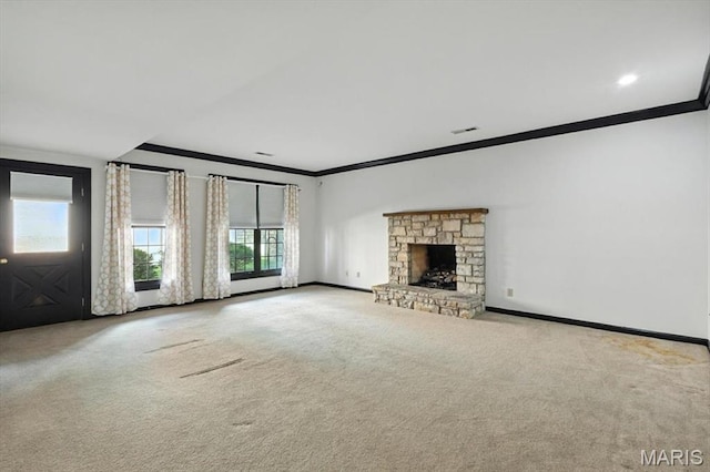 512 Overlook Terrace Ct, Eureka, MO 63025 - unfurnished living room featuring crown molding, carpet, and a fireplace