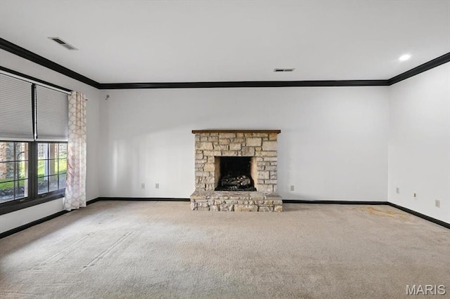 512 Overlook Terrace Ct, Eureka, MO 63025 - unfurnished living room featuring crown molding, carpet floors, and a fireplace