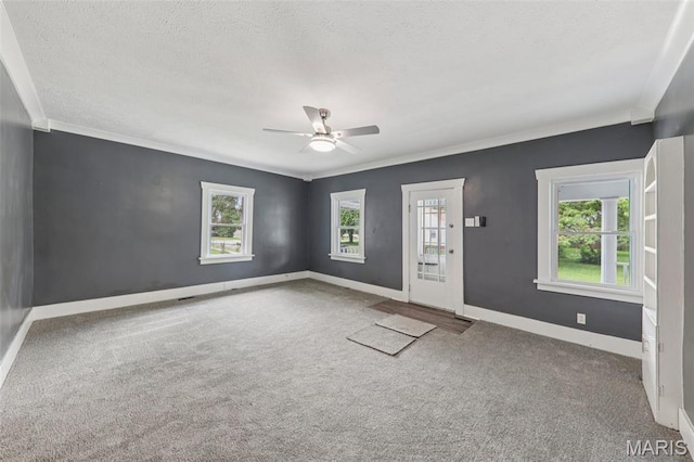 413 E Beach St, Litchfield, IL 62056 - carpeted spare room with ornamental molding, ceiling fan, and a textured ceiling