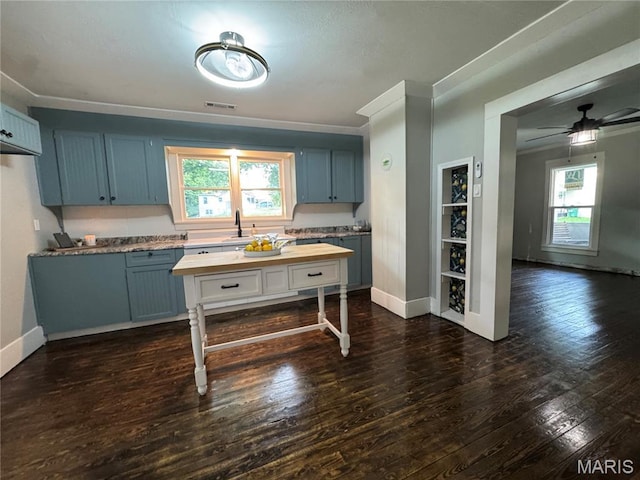 719 N 10th St, Poplar Bluff, MO 63901 - kitchen with butcher block countertops, dark wood finished floors, blue cabinetry, and a ceiling fan