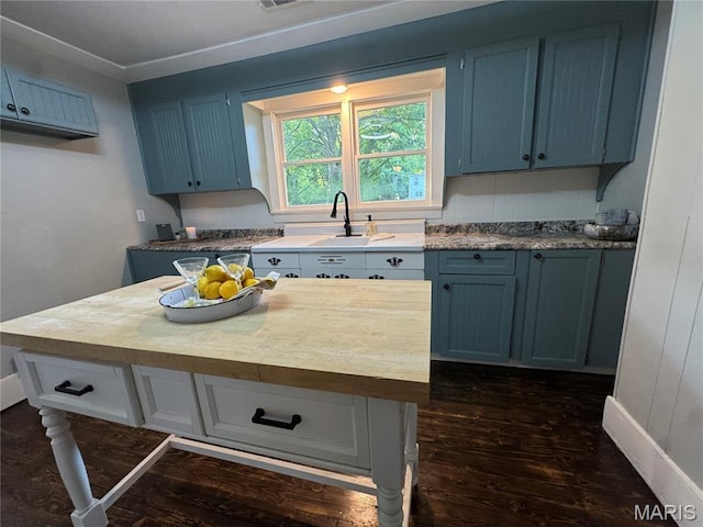 719 N 10th St, Poplar Bluff, MO 63901 - kitchen with dark wood finished floors, blue cabinetry, and light countertops