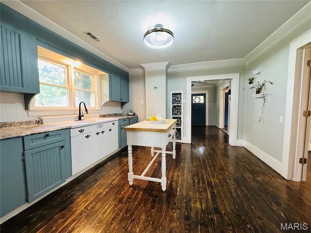 719 N 10th St, Poplar Bluff, MO 63901 - kitchen with dark wood-type flooring, blue cabinetry, and ornamental molding