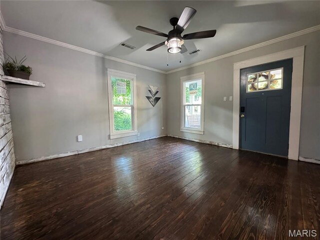 719 N 10th St, Poplar Bluff, MO 63901 - foyer entrance with hardwood / wood-style floors, a ceiling fan, and crown molding
