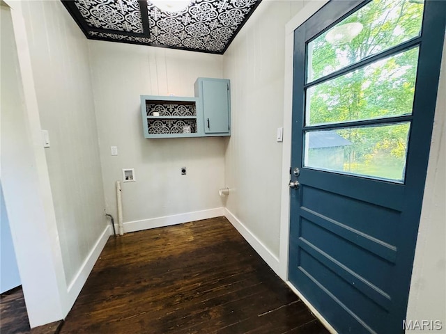 719 N 10th St, Poplar Bluff, MO 63901 - washroom featuring electric dryer hookup, dark wood-style flooring, hookup for a washing machine, cabinet space, and an ornate ceiling
