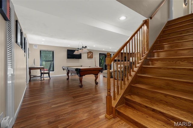 2260 Crimson View Dr, Wildwood, MO 63011 - rec room with wood finished floors, billiards, and recessed lighting