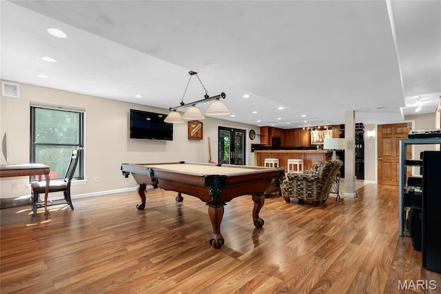 2260 Crimson View Dr, Wildwood, MO 63011 - recreation room with billiards, light wood-style flooring, recessed lighting, and bar