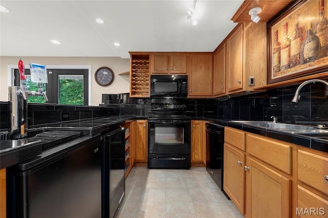 2260 Crimson View Dr, Wildwood, MO 63011 - kitchen with black appliances, backsplash, open shelves, brown cabinets, and light tile patterned floors