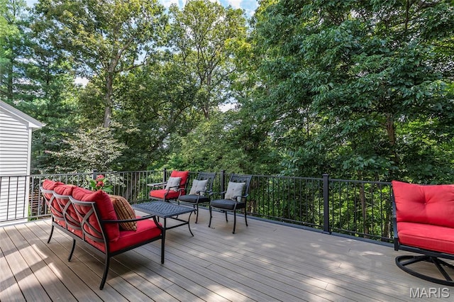 2260 Crimson View Dr, Wildwood, MO 63011 - deck featuring an outdoor living space and view of scattered trees