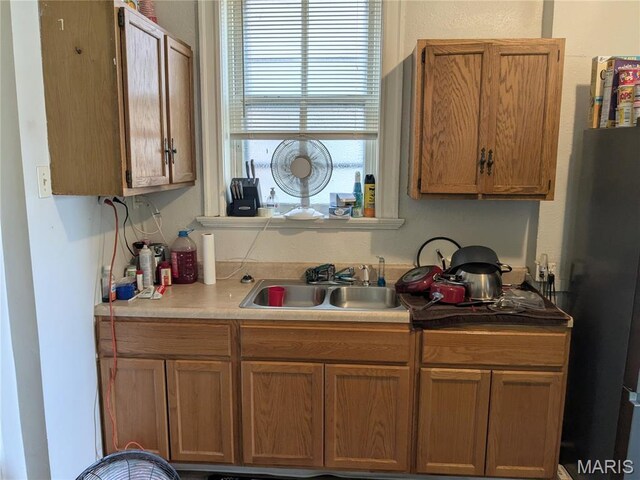 3744 Michigan Ave, Saint Louis, MO 63118 - kitchen featuring light countertops and freestanding refrigerator
