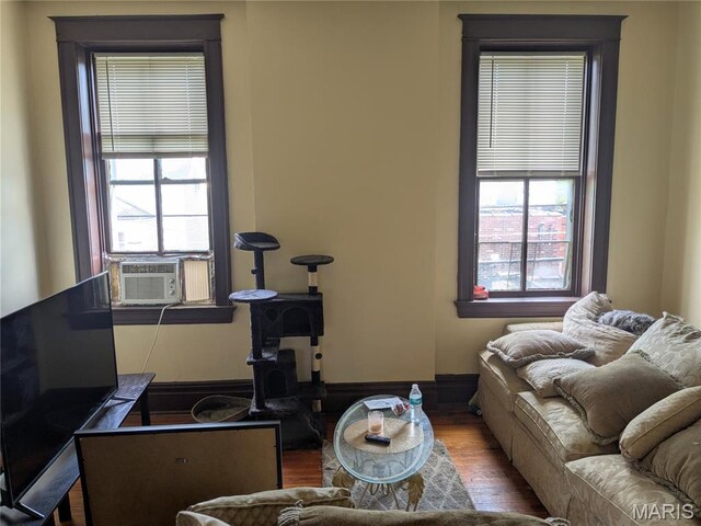 3744 Michigan Ave, Saint Louis, MO 63118 - living room with wood finished floors and cooling unit
