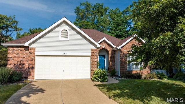 1168 Oak Knoll Manor Ct, Saint Louis, MO 63119 - view of front of property featuring brick siding, concrete driveway, a front lawn, an attached garage, and a shingled roof