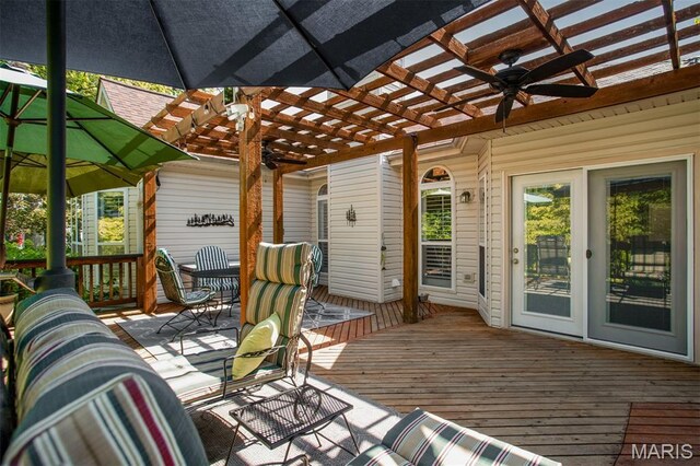 1168 Oak Knoll Manor Ct, Saint Louis, MO 63119 - wooden terrace featuring a pergola, a ceiling fan, and outdoor dining area