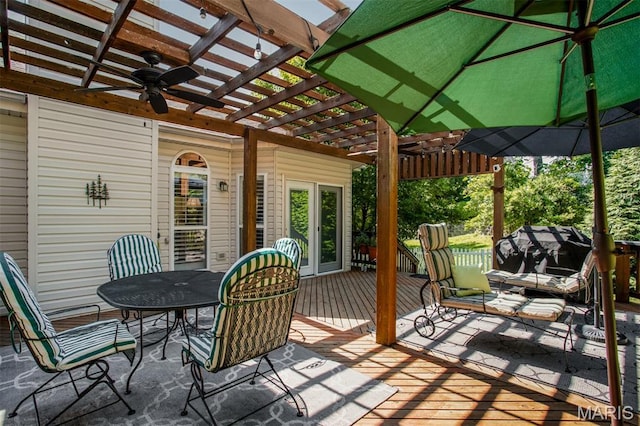 1168 Oak Knoll Manor Ct, Saint Louis, MO 63119 - deck with a pergola, a ceiling fan, and outdoor dining area
