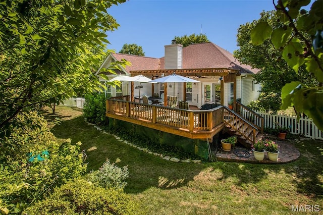 1168 Oak Knoll Manor Ct, Saint Louis, MO 63119 - rear view of house featuring a fenced backyard, a chimney, a deck, and a pergola