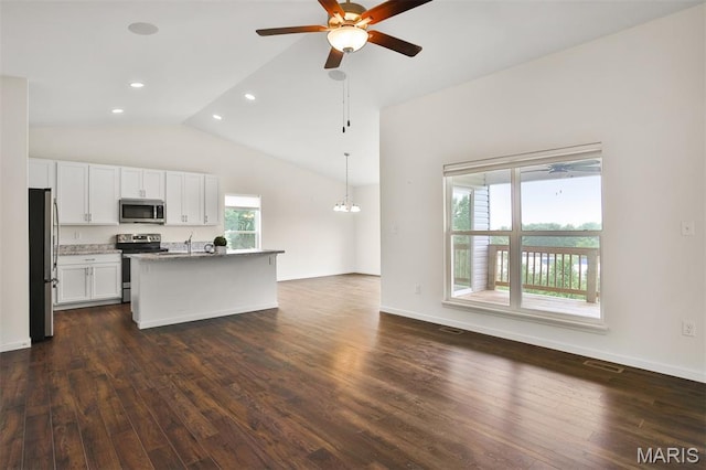 2904 Sierra View Ct, Imperial, MO 63052 - kitchen with appliances with stainless steel finishes, lofted ceiling, a ceiling fan, dark wood-style floors, and white cabinets